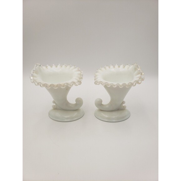 Pair Of Fenton Silver Crest Cornucopia Candleholders 1958-1970 MCM Milk Glass - Picture 10 of 11